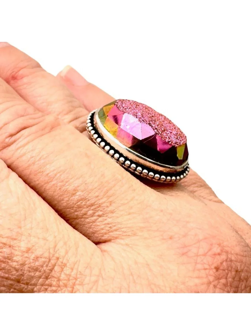 Colleen Lopez Womens Ring Sterling Silver Pink Drusy Quartz Adjustable Statement